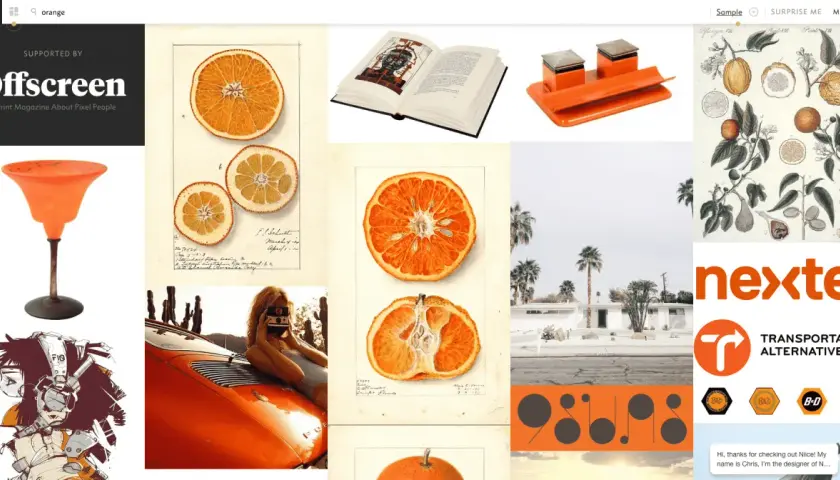 Moodboard mode : orange, de la décoration aux agrumes, en passant par des illustrations botaniques et une voiture vintage.