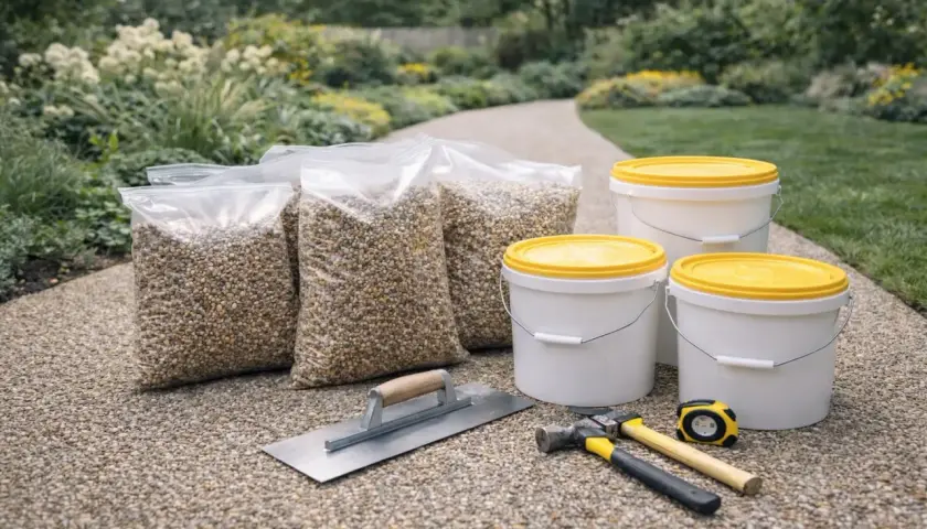 Attrezzi e sacchi di ghiaia pronti per la pulizia pavimenti esterni. Un set per un giardino impeccabile.