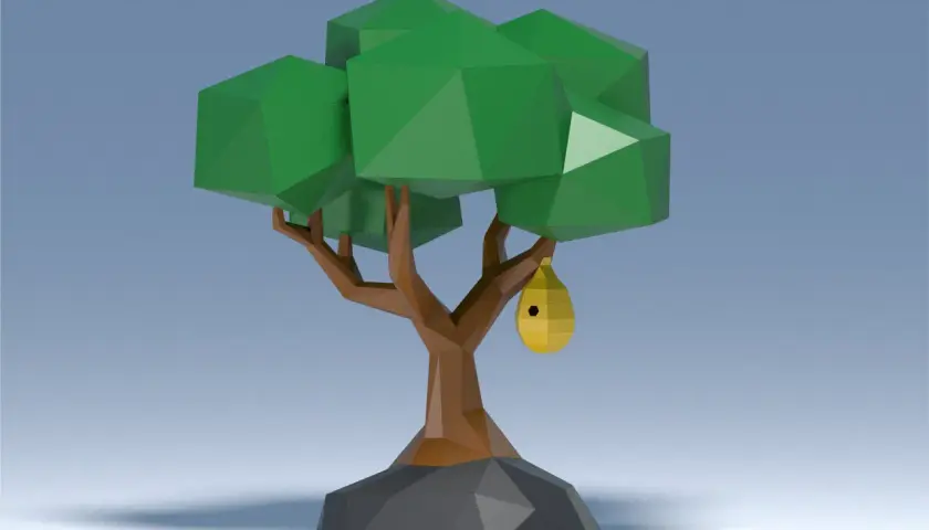 Un árbol de arbol manualidades 3d con un nido amarillo colgando de una rama.