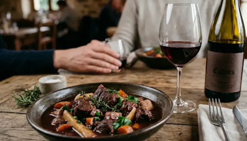 Un plat de gibier mijoté, servi avec un verre de vin rouge Cahors. Un repas réconfortant.