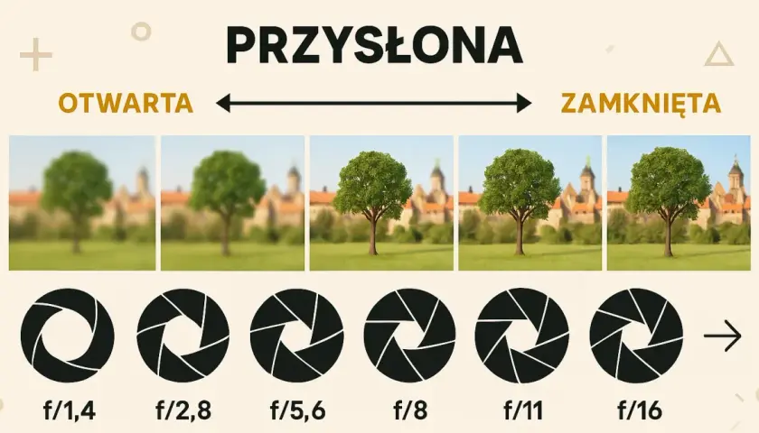 Przysłona zmienia głębię ostrości. Od otwartej (f/1,4) do zamkniętej (f/16), drzewo staje się coraz ostrzejsze.