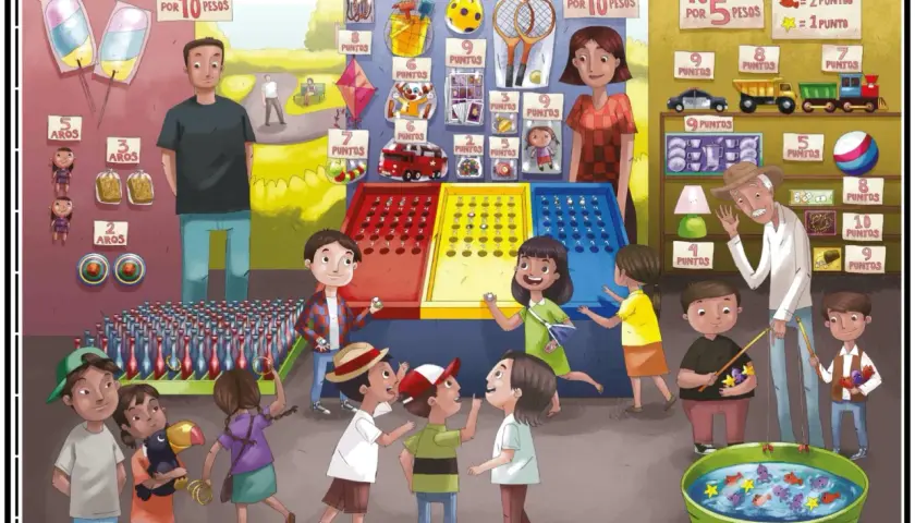 Niños jugando en una feria, practicando la expresión oral al describir los premios y juegos. ¡Hay muchas láminas de expresión oral!
