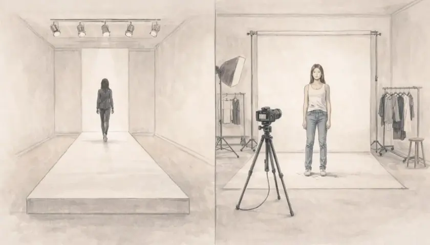Ilustracja przedstawia scenę z wybiegu i sesji zdjęciowej z modelką.