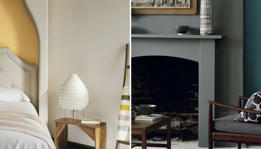 Dormitorio con cama y mesita, y salón con chimenea y sillón. El negro y gris combinan en la decoración, creando un ambiente moderno.