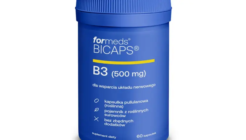 Niebieski suplement diety Formeds BICAPS B3 (500 mg) wspiera układ nerwowy. Witamina PP w kapsułkach pullulanowych, bez zbędnych dodatków.