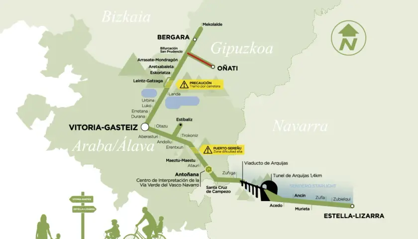 Mapa de las vías verdes de Euskadi, mostrando rutas ciclistas y senderos en Gipuzkoa, Araba y Navarra. Incluye puntos de interés y siluetas de ciclistas.