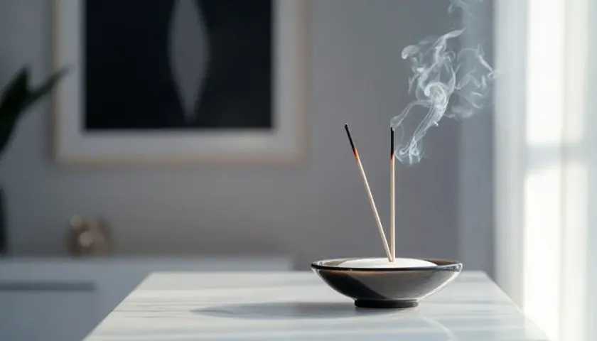 Dos varitas de incienso purificador humean suavemente en un cuenco, creando una atmósfera serena.