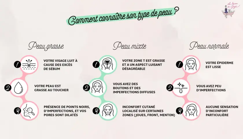Guide pour comment savoir quel type de peau on a : peau grasse, mixte ou normale. Illustrations et descriptions des caractéristiques de chaque type.