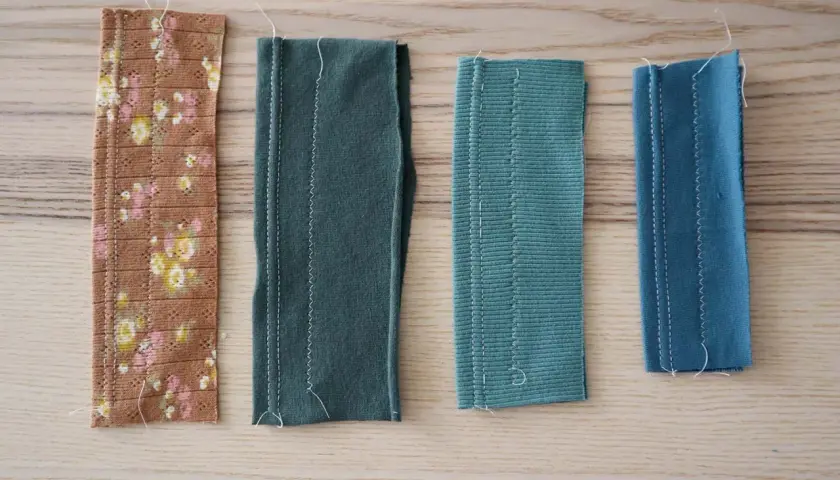 Four fabric swatches, including a floral print and solid colors, show different cut and sew knits techniques with visible white stitching.