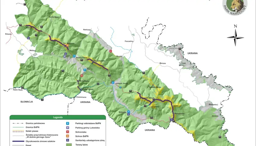 Mapa turystyczna Bieszczadzkiego Parku Narodowego, pokazująca szlaki zimowe, schroniska i inne obiekty. Bieszczady gdzie leżą, widać na mapie, granicząc ze Słowacją i Ukrainą.