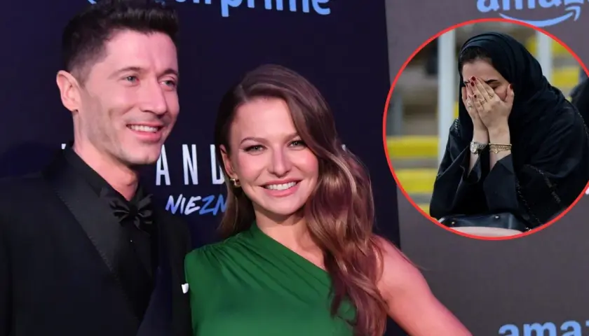 Anna i Robert Lewandowski na premierze. W tle kobieta w hidżabie zakrywająca twarz, być może przeżywająca emocje związane z transferem do ligi saudyjskiej.