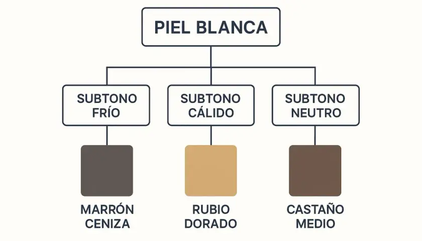 Guía para piel blanca: subtipo frío favorece marrón ceniza, cálido rubio dorado, neutro castaño medio. Descubre qué color de pelo me favorece si soy blanca.