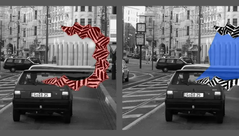 Zwei identische Straßenszenen mit Autos, die durch eine zackige, farbige visuelle Aura getrennt sind.