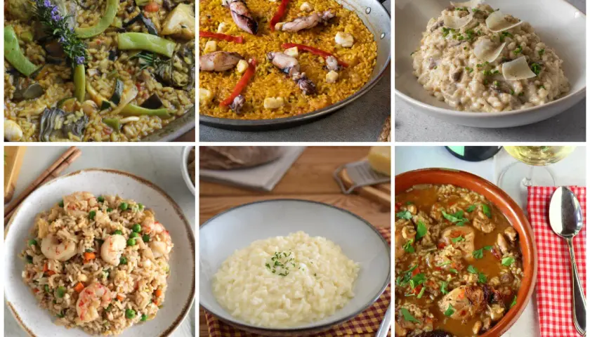 Variedad de recetas de arroz: paella, risotto cremoso, arroz frito con gambas y más.