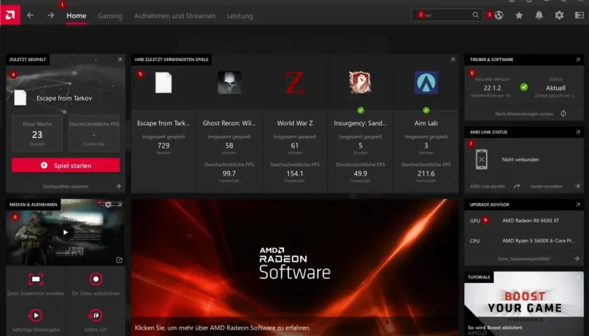 AMD Radeon Software zeigt zuletzt gespielte Spiele und Treiber-Infos. Der AMD Adrenalin Treiber ist aktuell.
