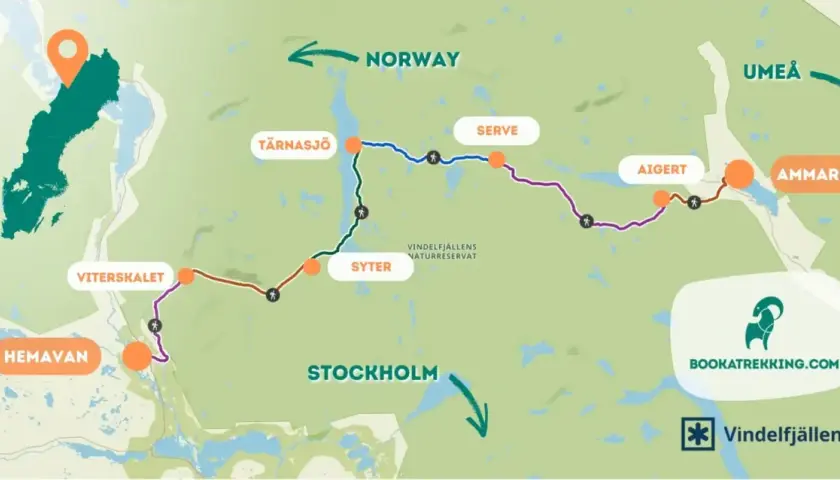 Karta över en vandringsled i Vindelfjällen, med platser som Hemavan, Viterskålet, Syter, Tärnasjö, Serve, Aigert och Ammarnäs. Perfekt för att planera din vandring på Kungsleden.