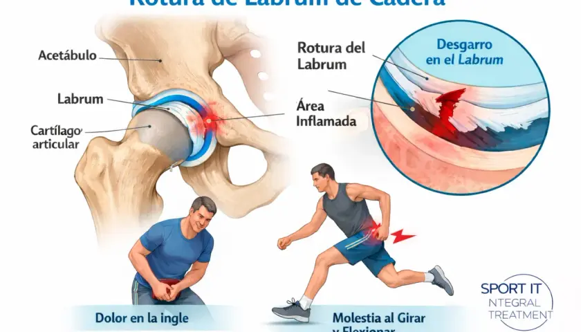Ilustración de una rotura del labrum de cadera, mostrando dolor al girar y flexionar.