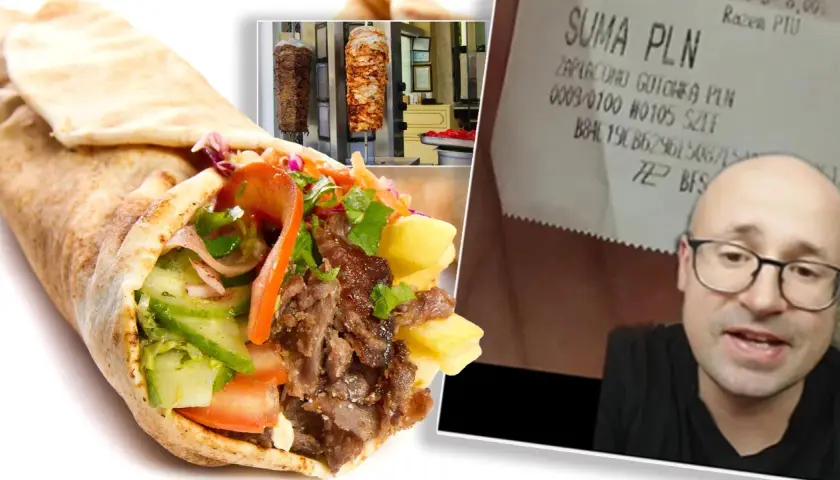 Kebab w picie, obrotowe mięso, paragon i mężczyzna w okularach.