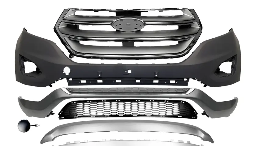 Rozłożony zderzak Ford Edge z grillem, atrapą i elementami mocującymi.