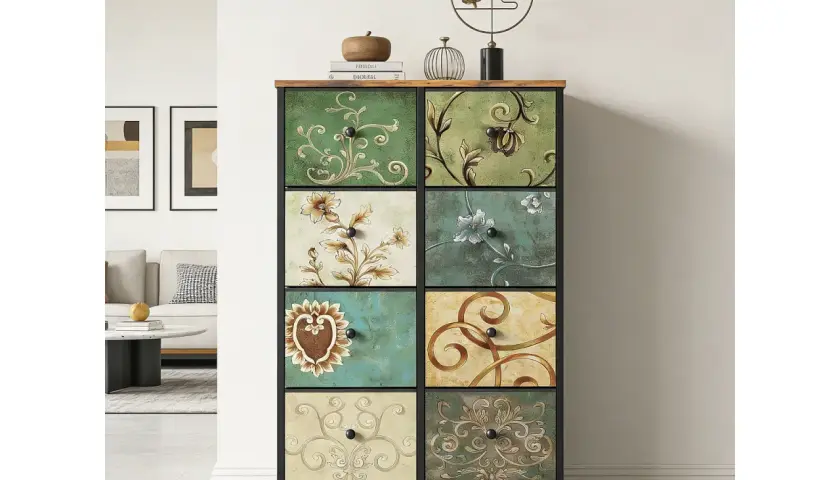 Comoda de 8 cajones con diseños florales y arabescos en tonos verdes, ocres y azules. Un mueble que aporta arte y organización.