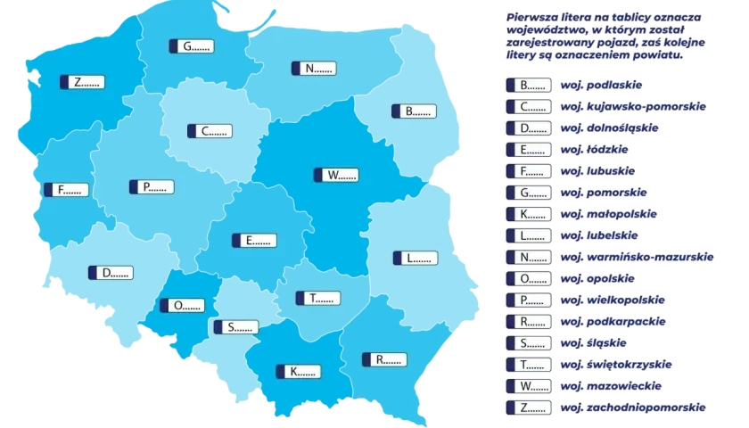 Mapa Polski z literami oznaczającymi województwa i powiaty, wskazująca nowe rejestracje pojazdów.