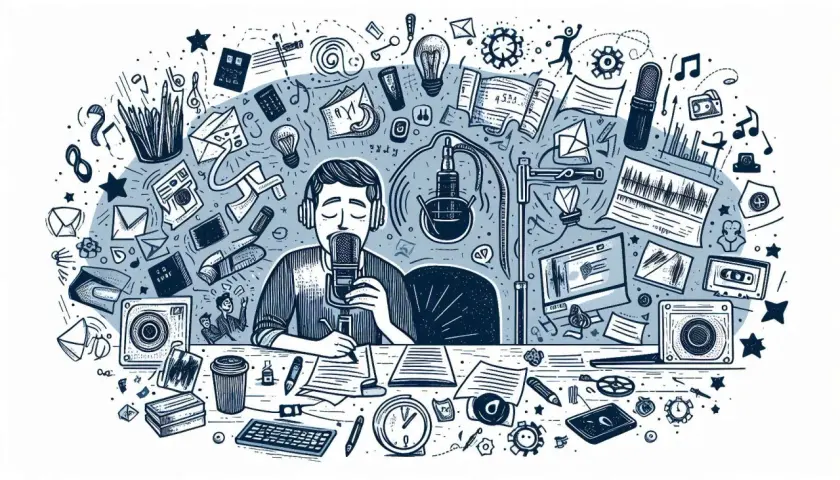 Przykładowy tekst dla lektora: Mężczyzna w słuchawkach nagrywa podcast, otoczony symbolami kreatywności i dźwięku.