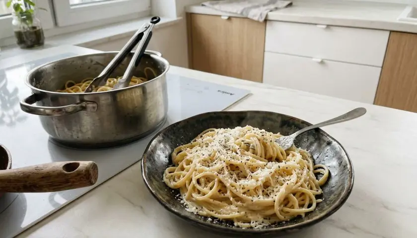 Pyszny makaron cacio e pepe, gotowy do podania, z garnka na blacie kuchennym.