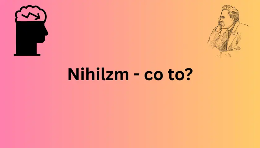 Czarna głowa z mózgiem i strzałką symbolizuje rozważania nad nihilizmem. Obok szkic Nietzschego.