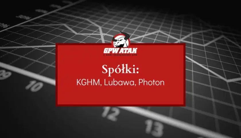Analiza akcji Lubawa, KGHM i Photon. Wykresy giełdowe w tle.