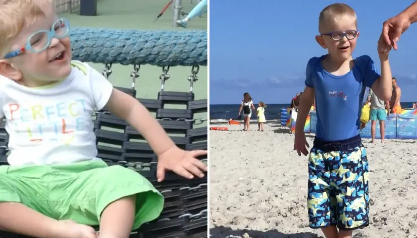 Chłopiec w okularach na placu zabaw i na plaży, jakby śpiewał piosenkę dla niemowlaka.