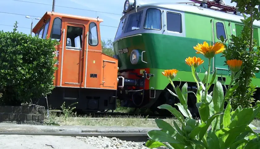 Pomarańczowa lokomotywa manewrowa i zielono-szara lokomotywa elektryczna ET22-558. Żargonowe nazwy taboru kolejowego.