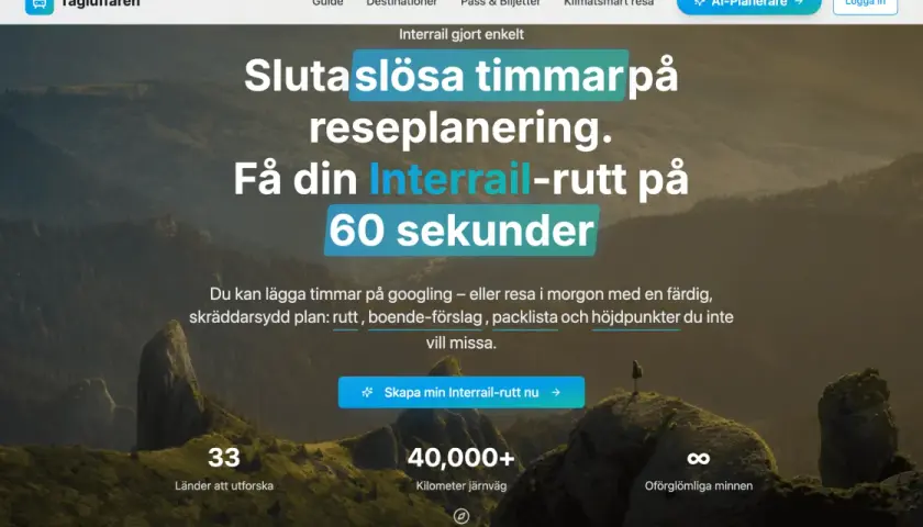Drömmer du om att tågluffa Europa? Få din Interrail-rutt på 60 sekunder och upplev 33 länder.