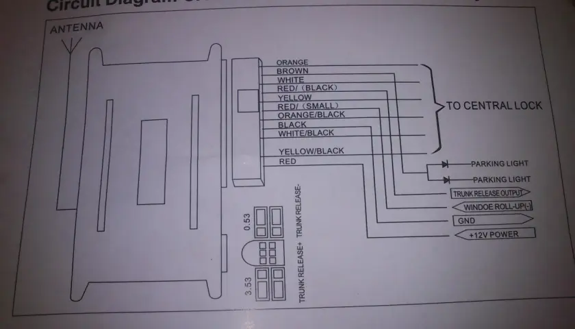 Diagrama de cableado de un sistema de cierre centralizado con antena y conexiones.