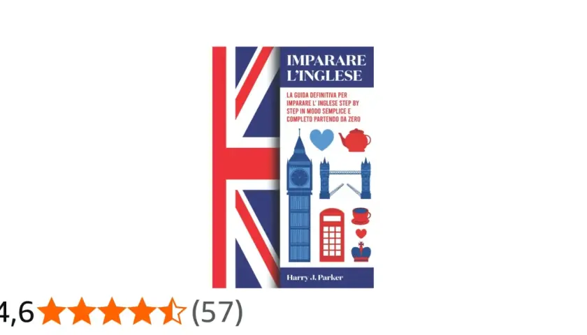 Copertina di un libro per imparare l'inglese, con icone di Londra e la Union Jack. Perfetto per chi vuole imparare l'inglese, magari guardando un film in inglese.