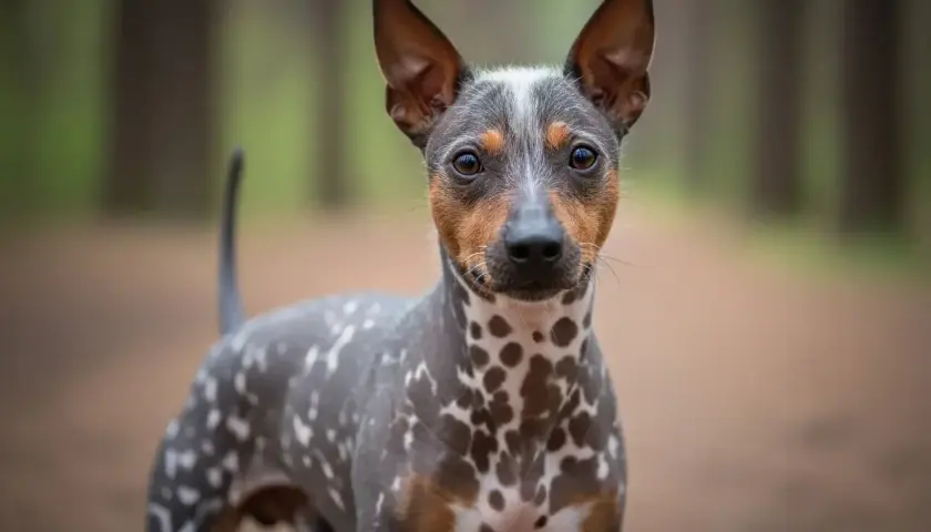 Ein nackter Hund mit auffälligen Flecken steht im Wald.