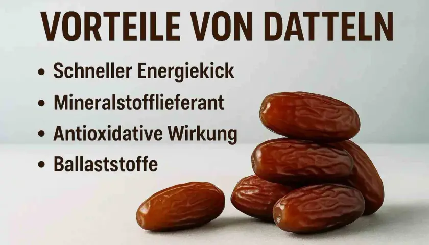 Vorteile von Datteln: schneller Energiekick, Mineralstofflieferant, antioxidative Wirkung, Ballaststoffe. Datteln sind gesund und lecker!