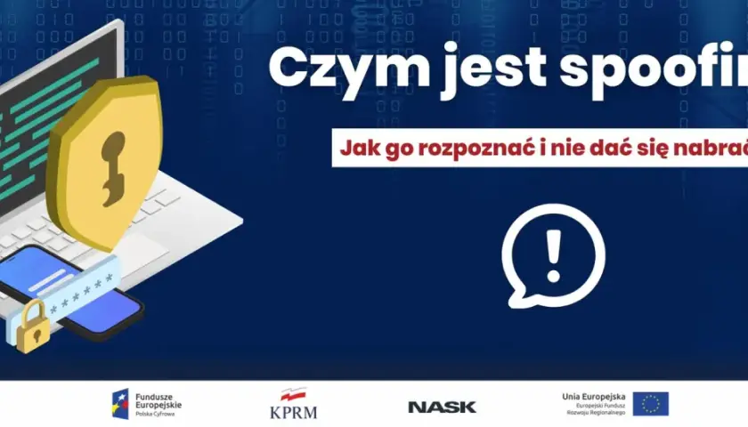Grafika ilustruje, czym jest spoofing: laptop, telefon, tarcza z kluczem i hasło. Jak go rozpoznać i nie dać się nabrać?