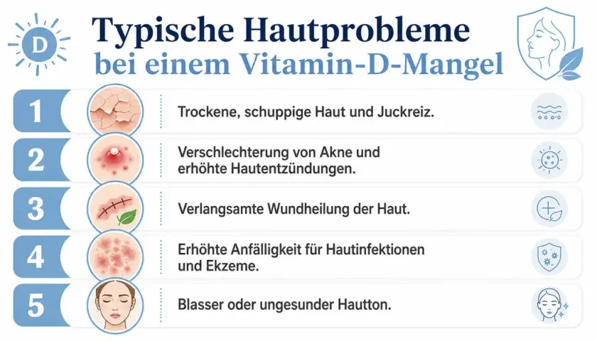 Les symptômes d'une carence en vitamine D incluent peau sèche, acné, cicatrisation lente, infections cutanées et teint pâle.