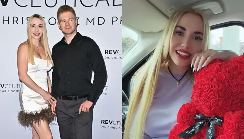Marianna Schreiber z mężem na evencie. Po prawej Marianna z misiem z róż.