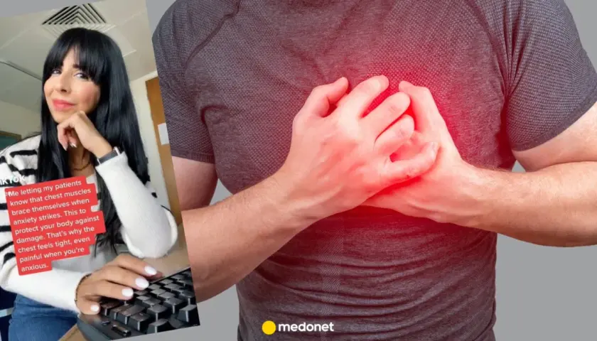Kobieta wyjaśnia, że nerwobóle w klatce piersiowej mogą być spowodowane stresem i napięciem mięśni.