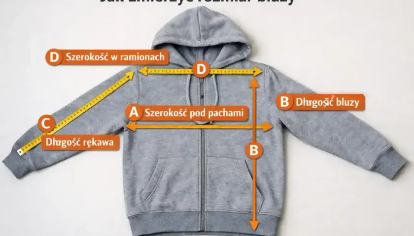 Szara bluza z kapturem z miarką. Pokazano, jak zmierzyć szerokość pod pachami (A), długość bluzy (B), długość rękawa (C) i szerokość w ramionach (D).
