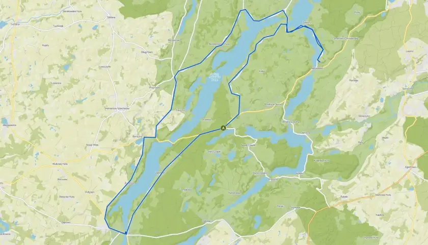 Mapa z zaznaczoną trasą rowerową wokół jeziora.