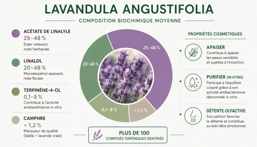 Infographie sur l'huile essentielle de lavande, détaillant sa composition et ses bienfaits : apaisant, purifiant et relaxant.