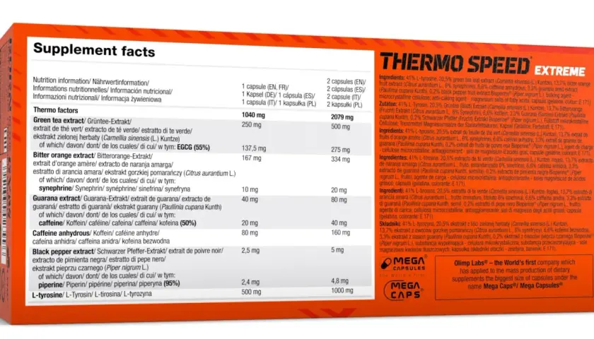 Thermo Speed Extreme dawkowanie: składniki aktywne w 1 i 2 kapsułkach, w tym ekstrakt z zielonej herbaty, gorzkiej pomarańczy, guarany, kofeina, piperyna.