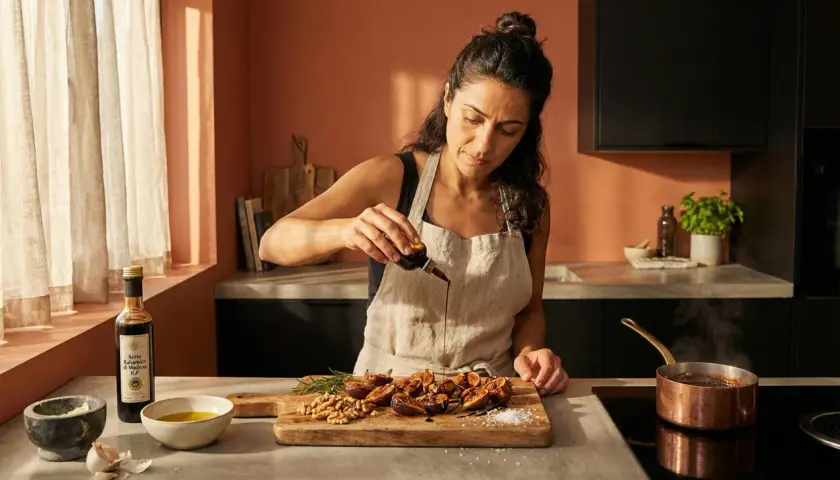 Una mujer añade vinagre balsámico a higos asados en una tabla de cortar. La escena muestra ingredientes para una deliciosa receta.