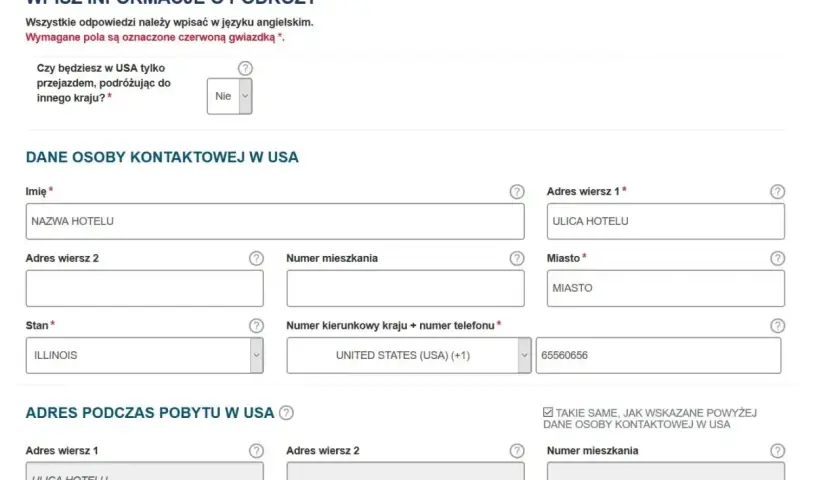 Formularz ESTA z polskimi polami do wypełnienia, np. dane kontaktowe w USA.