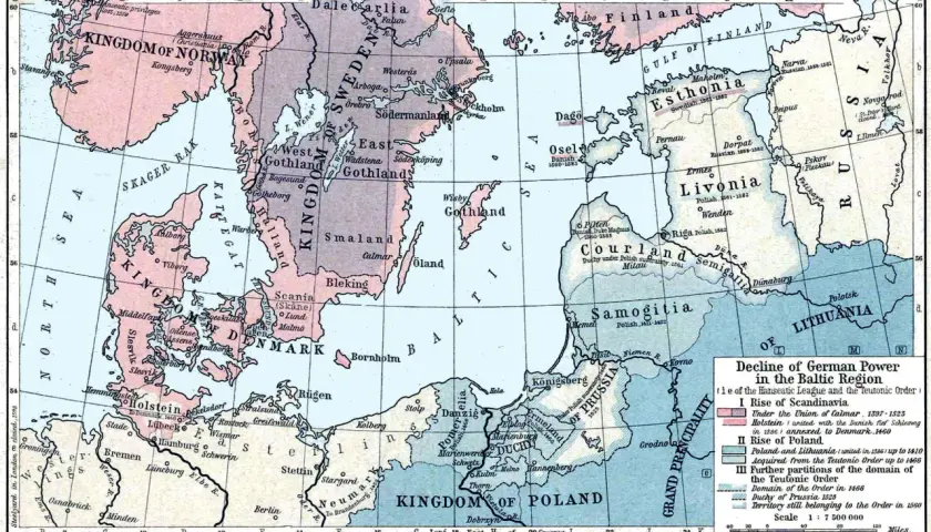 Stara mapa Europy Północnej i Wschodniej z zaznaczonymi królestwami i regionami.