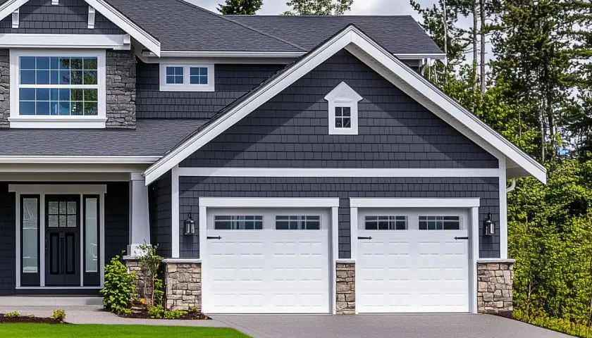 Garage double blanc, 40m2 sans permis de construire, avec revêtement gris foncé et détails en pierre.
