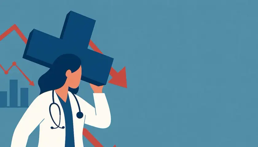 Medico con croce blu, frecce rosse in calo e grafico. Simboleggia un sistema mutualistico prima del '78 in difficoltà.