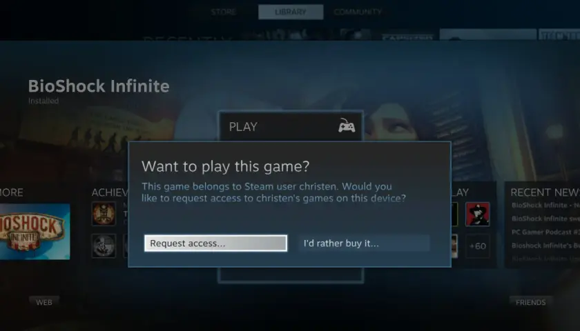 Okno dialogowe Steam z pytaniem "Chcesz zagrać w tę grę?" i opcjami "Poproś o dostęp..." lub "Wolę kupić...".